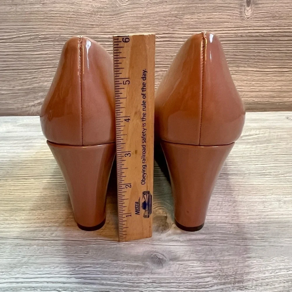 J. Crew Sylvia neutral taupe patent almond toe wedge heels size 11